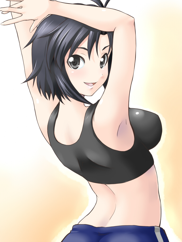 1girl arms_up black_eyes black_hair blush breasts female_focus from_behind idolmaster idolmaster_(classic) kikuchi_makoto looking_back midriff short_hair smile solo sports_bra yaso_shigeru