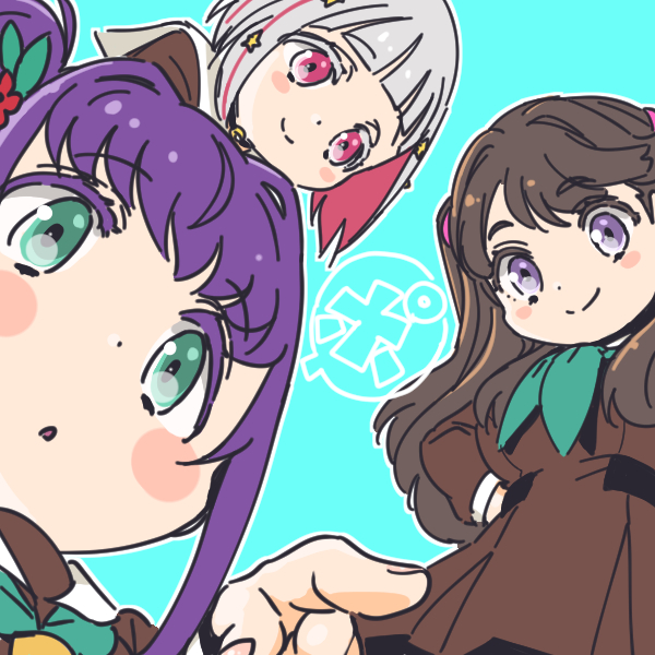 3girls aqua_neckerchief blue_background blush_stickers bob_cut breasts brown_dress brown_hair closed_mouth colored_inner_hair commentary_request dress fujishima_megumi green_eyes grey_hair hair_ornament hasu_no_sora_school_uniform inverted_bob large_breasts link!_like!_love_live! long_hair long_sleeves love_live! medium_dress multicolored_hair multiple_girls neckerchief otomune_kozue outline parted_lips pink_eyes pink_hair pleated_dress purple_eyes purple_hair sailor_collar sailor_dress school_uniform shinanoya_(satanicad) short_hair simple_background smile speech_bubble split_mouth star_(symbol) star_hair_ornament streaked_hair thighhighs translation_request two_side_up virtual_youtuber white_outline white_sailor_collar winter_uniform yugiri_tsuzuri