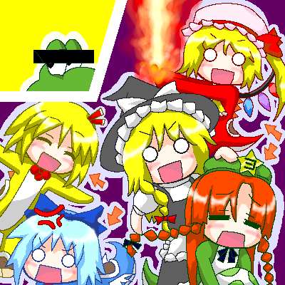5girls :d =_= ^_^ anger_vein bar_censor beret blonde_hair blue_hair censored censored_identity cirno closed_eyes costume crossover embodiment_of_scarlet_devil fairy fire flandre_scarlet hat hong_meiling kirisame_marisa looking_at_viewer lowres mario_(series) multiple_girls myonde nintendo o_o oekaki open_mouth parody parted_bangs red_eyes red_hair rumia smile star_(symbol) super_mario_world super_marisa_world touhou witch_hat yoshi
