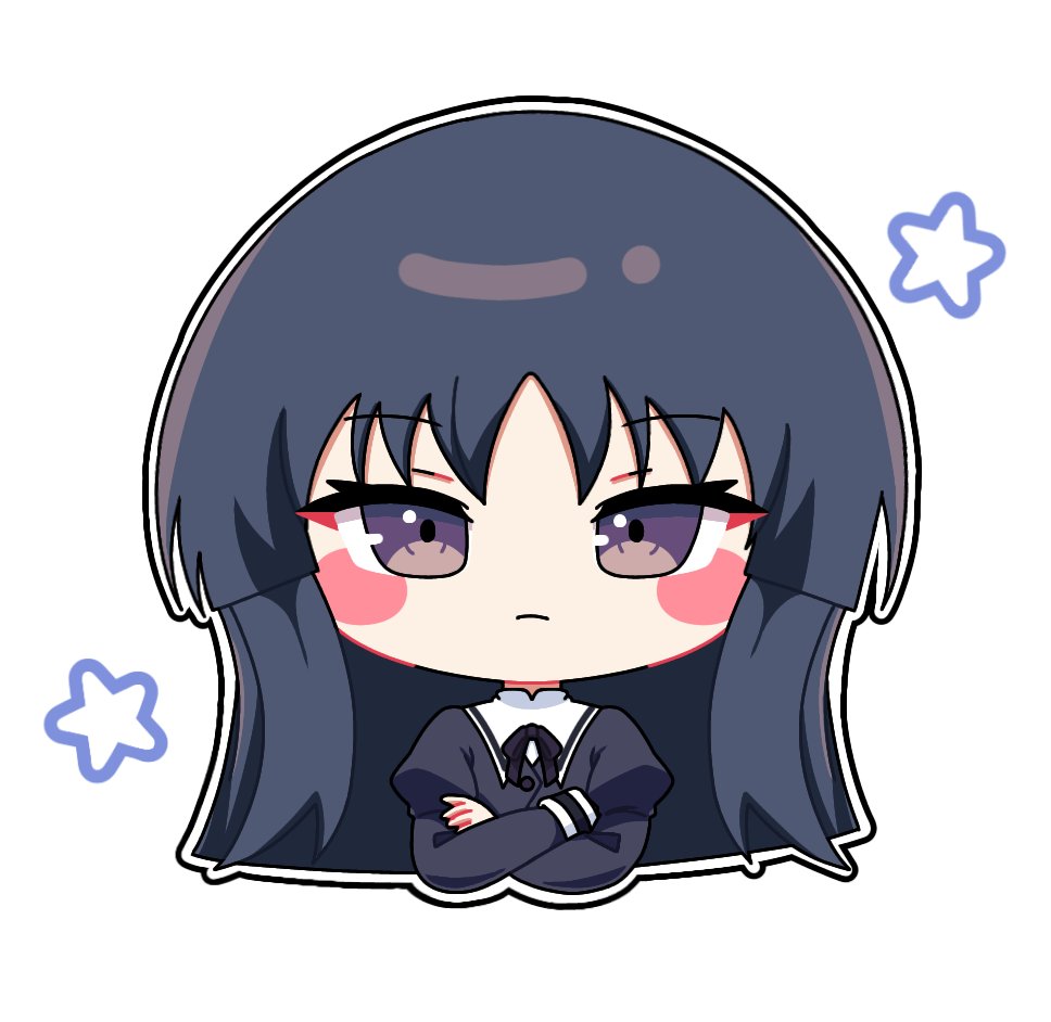 1girl assault_lily black_hair blush chibi closed_mouth commentary cropped_jacket cropped_torso crossed_arms hands_up juliet_sleeves long_hair long_sleeves looking_at_viewer neck_ribbon outline puffy_sleeves purple_eyes ribbon school_uniform shirai_yuyu sidelocks simple_background solo star_(symbol) symbol-only_commentary upper_body white_background white_outline yui_(yui1115_) yurigaoka_girls_academy_school_uniform