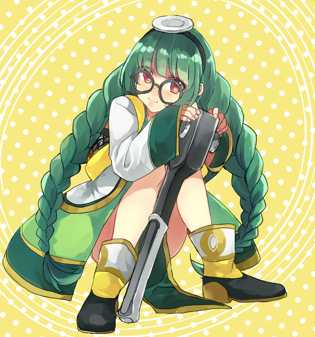 1girl ankle_boots blush boots braid dress female_focus glasses green_hair hairband knees_together_feet_apart long_hair long_sleeves looking_at_viewer nakagome_yuki nakagomiyuki415 ole_tower red_eyes smile socket socket_wrench socket_wrench_(ole_tower) solo squatting twin_braids very_long_hair