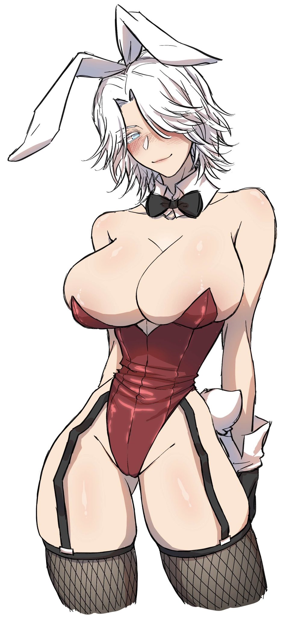 1girl animal_ears blue_eyes bow bowtie breasts commentary dante_(devil_may_cry) detached_collar devil_may_cry_(series) devil_may_cry_5 english_commentary fake_animal_ears fake_tail fishnets genderswap genderswap_(mtf) highres large_breasts leotard pantyhose pichuuuchan playboy_bunny rabbit_ears rabbit_tail red_leotard short_hair smile solo strapless strapless_leotard tail traditional_bowtie white_hair white_wrist_cuffs wrist_cuffs