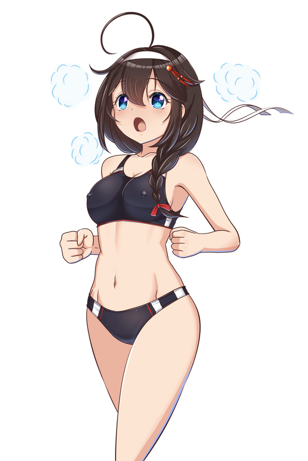 1girl ahoge black_buruma black_hair black_sports_bra blue_eyes braid buruma covered_erect_nipples cowboy_shot feet_out_of_frame groin hair_flaps hair_over_shoulder hairband kantai_collection long_hair midriff moke_ro running shigure_(kancolle) shigure_kai_ni_(kancolle) simple_background single_braid solo sports_bikini sports_bra white_background white_hairband
