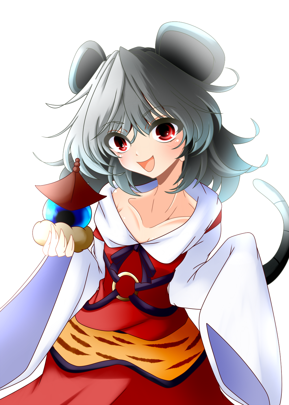 1girl :d animal_ears animal_print bishamonten&#039;s_pagoda cosplay dress grey_hair highres holding long_sleeves looking_at_viewer mouse_ears mouse_girl mouse_tail muumuu_(sirufuruteienn) nazrin one-hour_drawing_challenge open_mouth red_eyes short_hair simple_background smile solo tail tiger_print toramaru_shou toramaru_shou_(cosplay) touhou white_background wide_sleeves