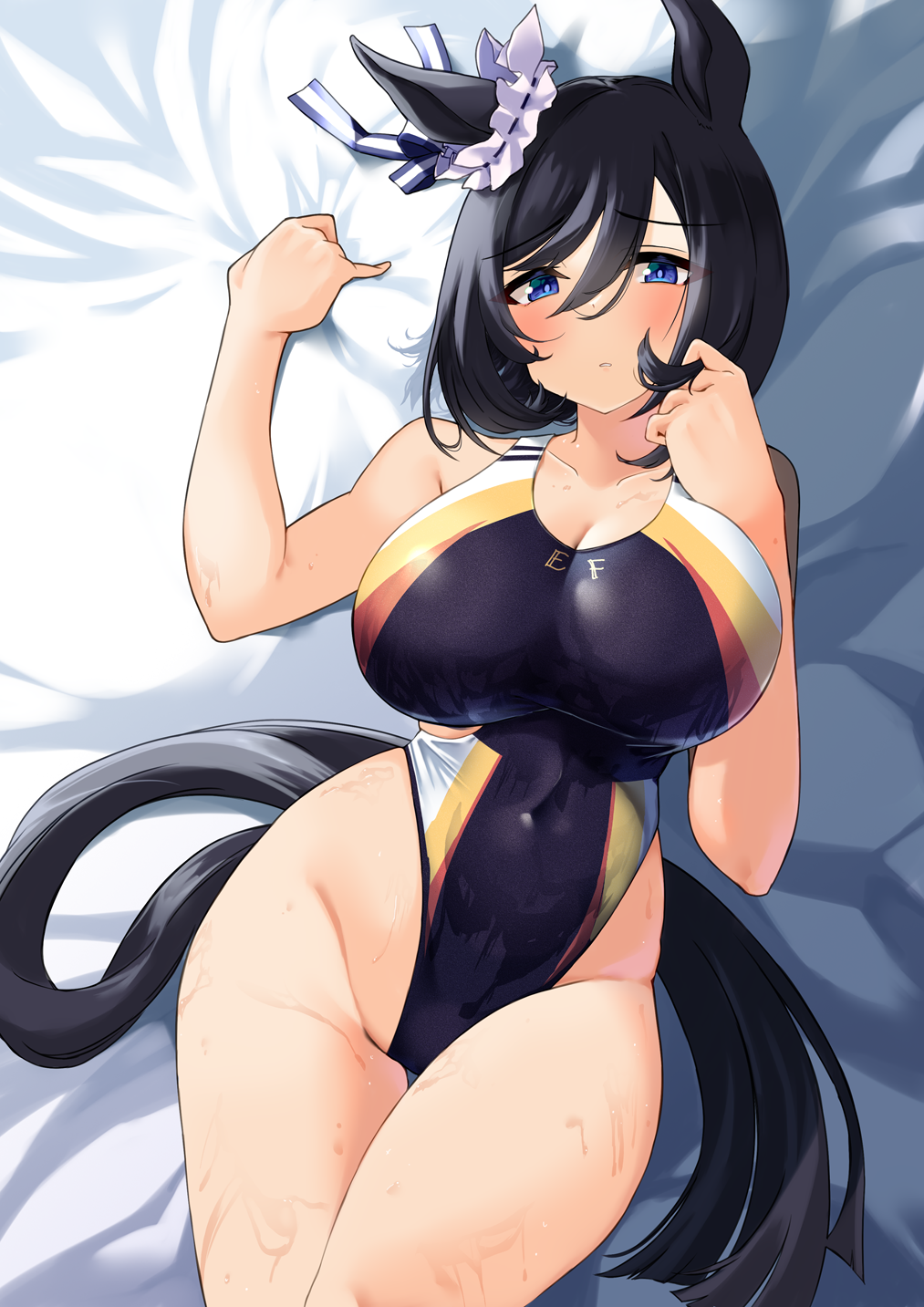 1girl animal_ears black_hair black_one-piece_swimsuit blue_eyes blush breasts collarbone competition_swimsuit covered_navel eishin_flash_(umamusume) hair_between_eyes highleg highleg_one-piece_swimsuit highres horse_ears horse_girl horse_tail huge_breasts komb lying multicolored_swimsuit on_back one-piece_swimsuit red_one-piece_swimsuit short_hair solo swimsuit tail umamusume white_one-piece_swimsuit yellow_one-piece_swimsuit