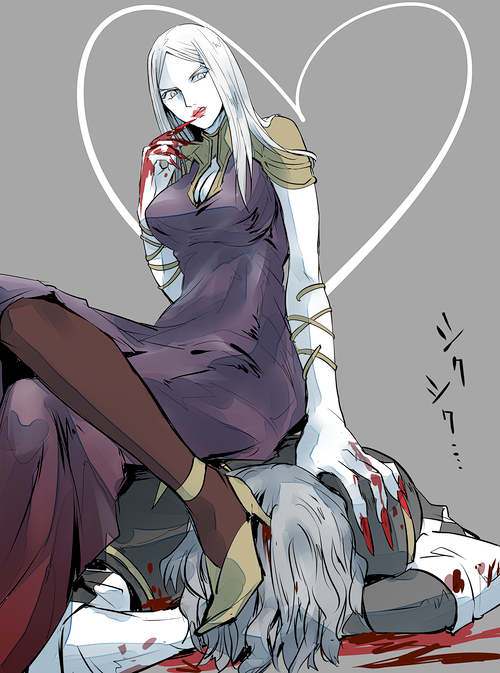 1boy 1girl blood breasts carmilla_(castlevania) castlevania_(netflix) castlevania_(series) cleavage dress fingernails grel_(r6hgvu5) heart heart_background hector_(castlevania) high_heels lipstick long_fingernails long_hair makeup pale_skin vampire white_hair
