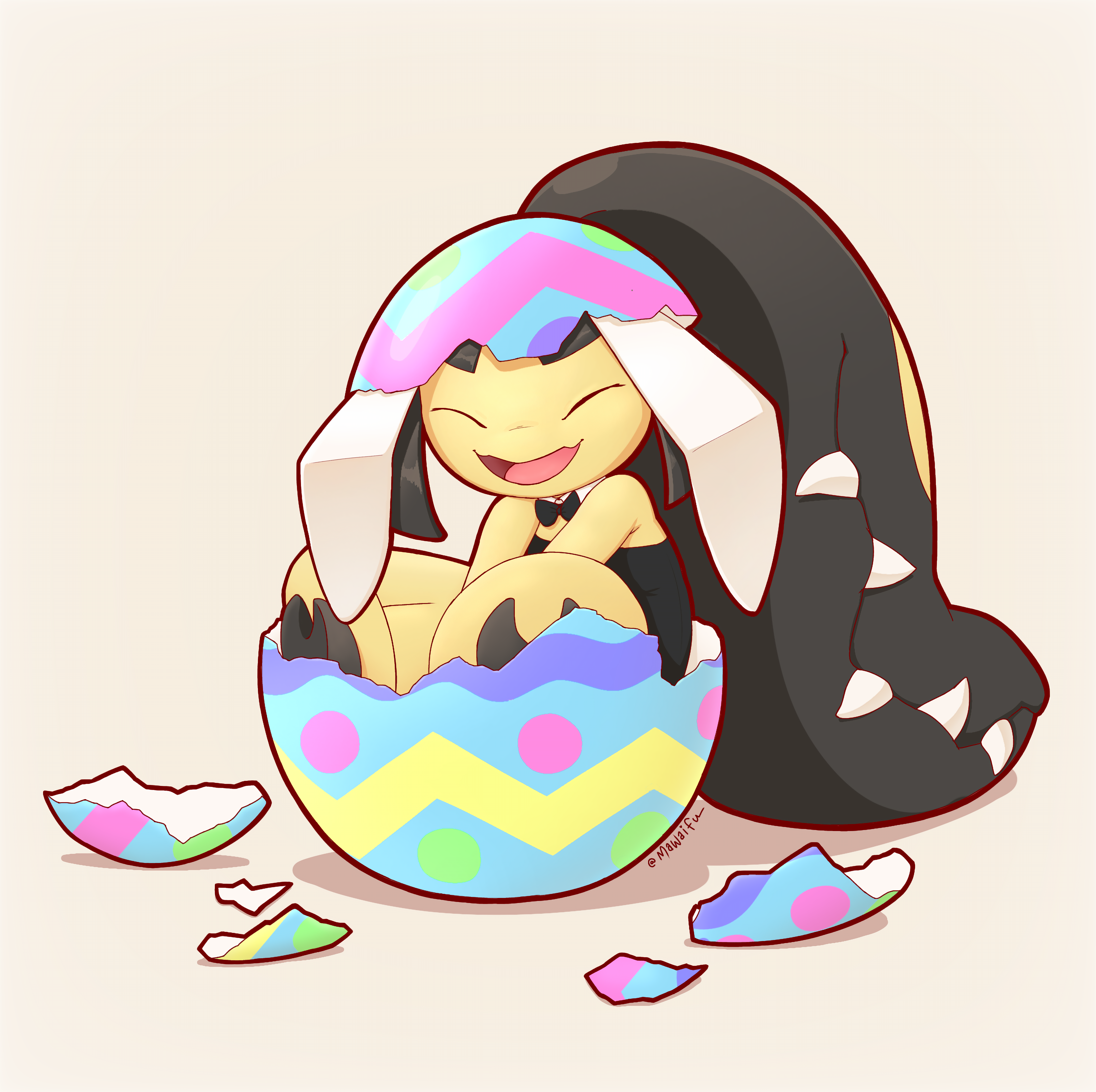 1girl ^_^ absurdres artist_name bare_shoulders barefoot between_legs big_hair black_bow black_bowtie black_hair black_leotard black_skin bow bowtie closed_eyes clothed_pokemon colored_skin detached_collar easter easter_egg egg eggshell eggshell_hat extra_mouth female_focus flat_chest gen_3_pokemon grey_background hand_between_legs happy highres leotard long_hair mawaifu mawile multicolored_skin nintendo open_mouth pokemon pokemon_(creature) ponytail rabbit_ears sharp_teeth sidelocks signature simple_background smile solo strapless strapless_leotard teeth twitter_username two-tone_skin very_long_hair yellow_skin