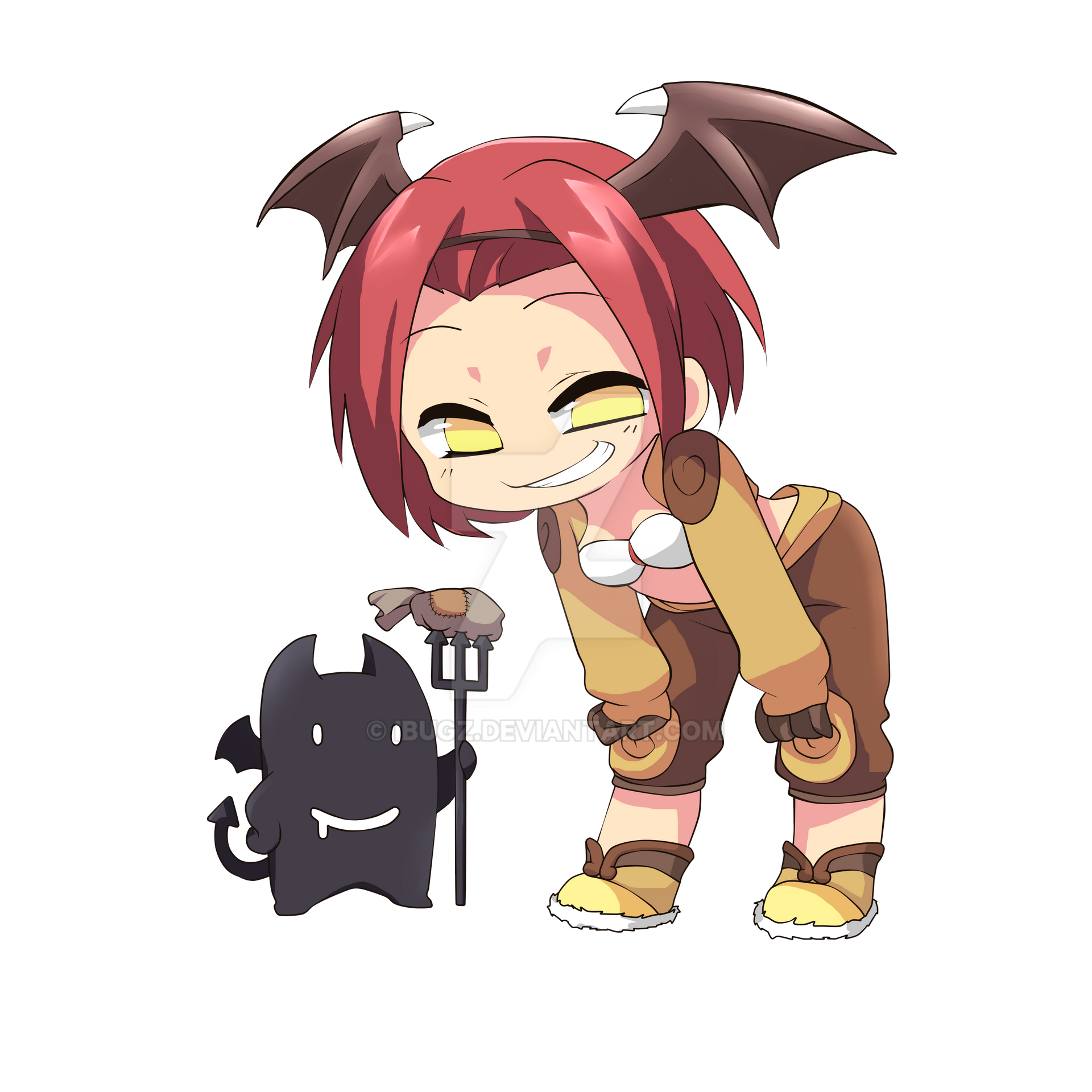 1girl bent_over bra brown_gloves brown_jacket brown_shorts commentary creature demon demon_wings deviruchi english_commentary fake_wings full_body gloves grin head_wings highres ibugz jacket leaning_forward long_sleeves looking_at_viewer ragnarok_online red_hair shoes shorts shrug_(clothing) simple_background smile solo thief_(ragnarok_online) transparent_background underwear white_bra wings yellow_eyes yellow_shoes