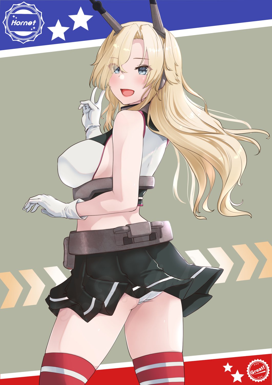 1girl ass back bare_shoulders blonde_hair blue_background blue_eyes blush breasts cosplay gloves grey_background headgear highres hornet_(kancolle) jouzaburou_(joe3) kantai_collection large_breasts long_hair looking_at_viewer looking_back midriff miniskirt mutsu_(kancolle) mutsu_(kancolle)_(cosplay) navel open_mouth panties red_background red_thighhighs shirt skirt smile solo thighhighs underwear white_gloves white_panties white_shirt