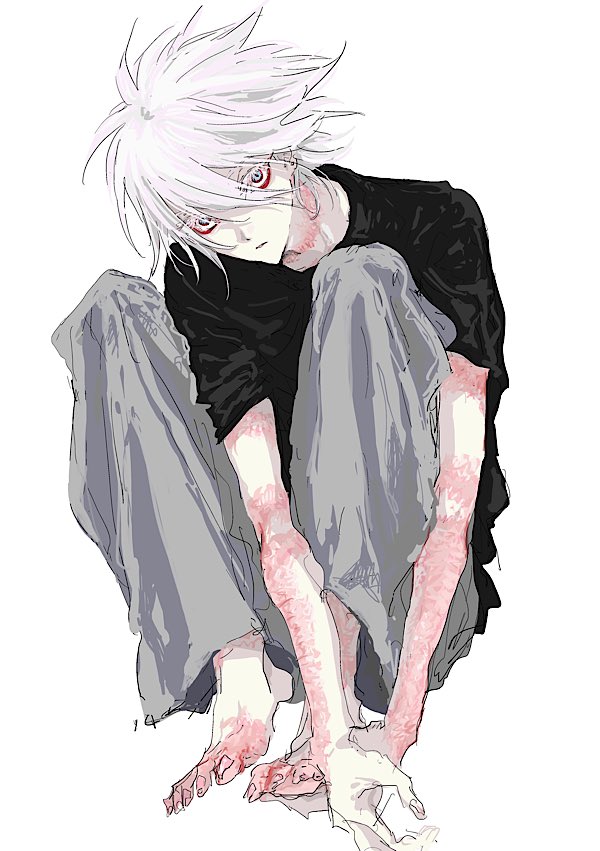 1boy blue_eyes eyeshadow eyeshadow_under_eye fate/grand_order fate_(series) full_body hair_between_eyes hugging_own_legs karna_(fate) knees_up looking_at_viewer makeup male_focus ngg_n pale_skin pants red_eyeshadow scar scars_all_over shirt short_hair simple_background solo too_many white_background white_hair