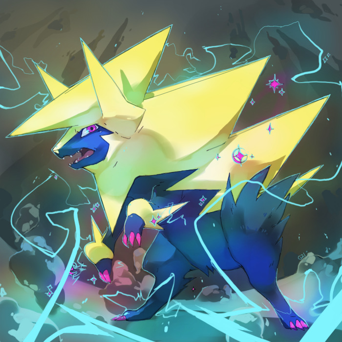 alternate_color claws commentary creature electricity english_commentary fangs full_body gen_3_pokemon manectric mega_manectric mega_pokemon nintendo no_humans pinkgermy pokemon pokemon_(creature) purple_eyes shiny_pokemon signature solo sparkle