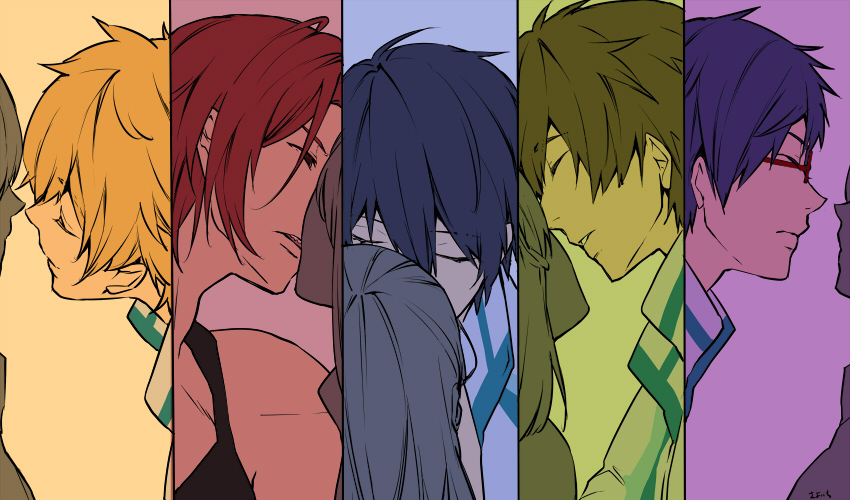 10s 1girl 5boys artist_name blonde_hair colored_eyelashes closed_eyes faceless faceless_female flat_color free! glasses green_hair half-closed_eyes hazuki_nagisa hetero imminent_kiss incest long_hair matsuoka_gou matsuoka_rin multiple_boys multiple_girls nanase_haruka_(free!) parted_lips purple_hair red-framed_eyewear red_eyes red_hair ryuugazaki_rei sharp_teeth smile split_screen tachibana_makoto tank_top teeth upper_body wand3754