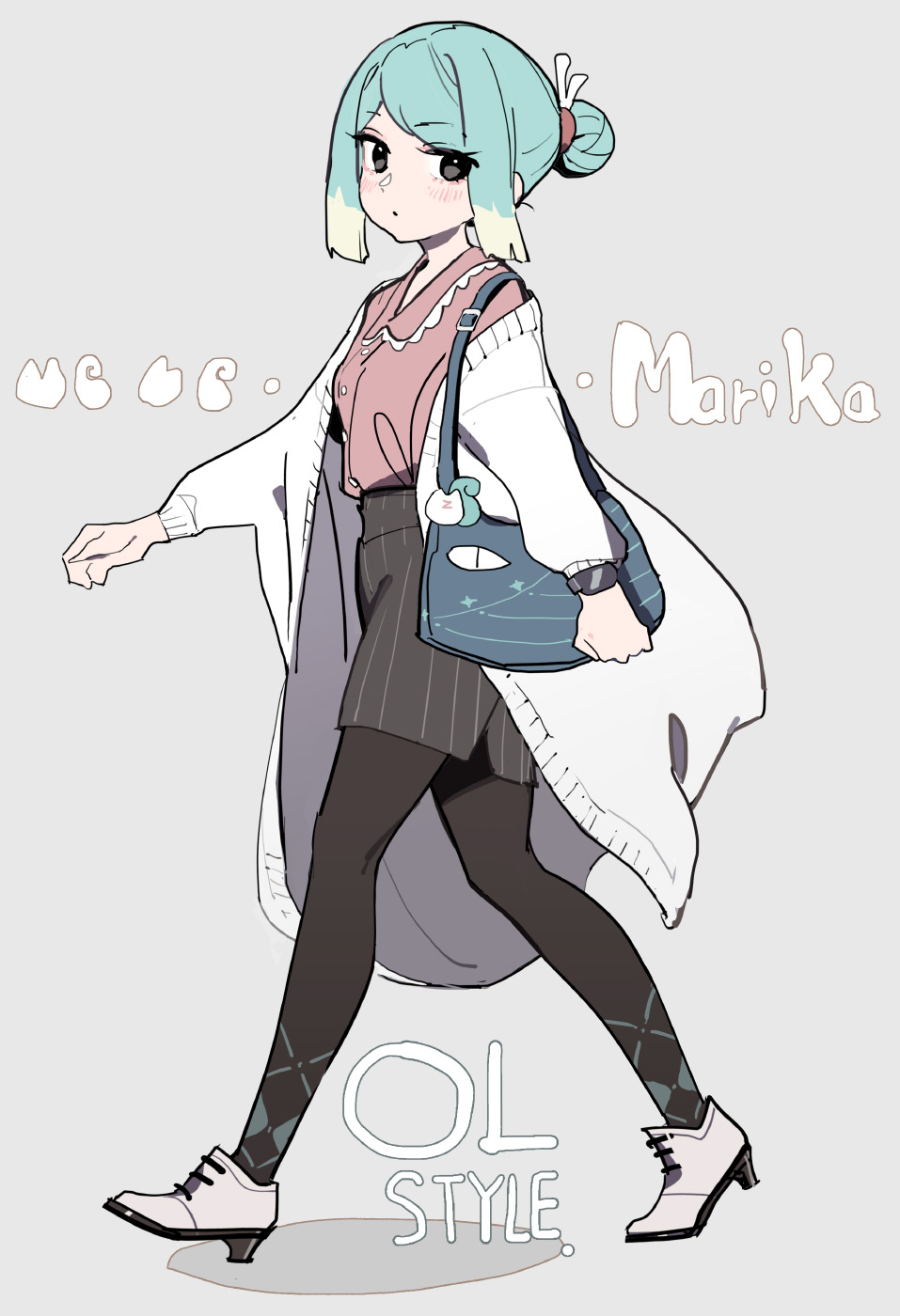 1girl black_pantyhose black_skirt blue_bag character_name character_request cross-laced_footwear english_text full_body green_hair grey_background grey_eyes hair_bun high_heels highres indie_virtual_youtuber marika_(vtuber) original pantyhose pink_shirt shirt shoes sidelocks simple_background skirt solo sweater swept_bangs tennohi virtual_youtuber white_shoes white_sweater
