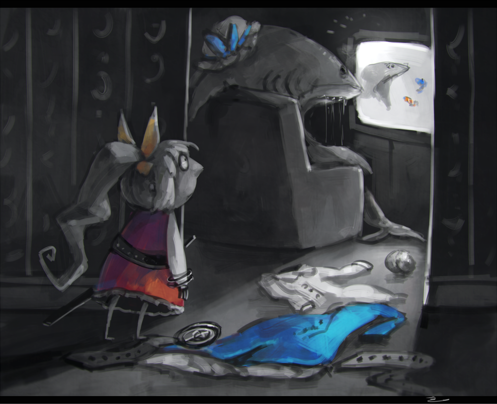 1girl animalization belt blue_ribbon blue_tang bruce_(finding_nemo) clownfish commentary_request dory_(finding_nemo) drooling finding_nemo fish hat hat_ribbon koto_inari marlin open_mouth ponytail ribbon shark shirt sitting sword television touhou watatsuki_no_toyohime watatsuki_no_yorihime watching_television weapon white_shirt