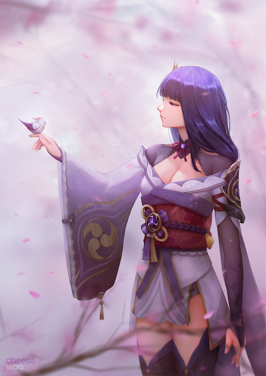 1girl artist_name bird bird_on_hand black_thighhighs blunt_bangs blurry bow bowtie braid breasts cheesewoo cleavage commentary depth_of_field genshin_impact hair_ornament highres long_hair long_sleeves looking_at_another low-braided_long_hair low-tied_long_hair low_ponytail obi petals ponytail purple_eyes purple_hair raiden_shogun sash sidelocks single_thighhigh solo thighhighs unworn_bowtie vision_(genshin_impact) wide_sleeves zettai_ryouiki