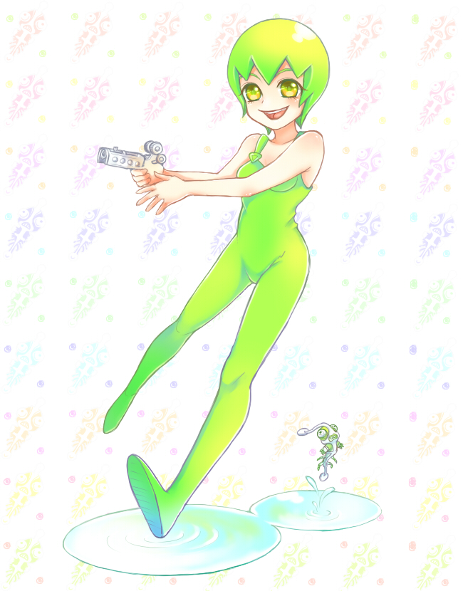 1girl female_focus foo_fighters_(jojo) green_hair gun jojo_no_kimyou_na_bouken overalls plankton puddle shakata_(ozi3) solo weapon