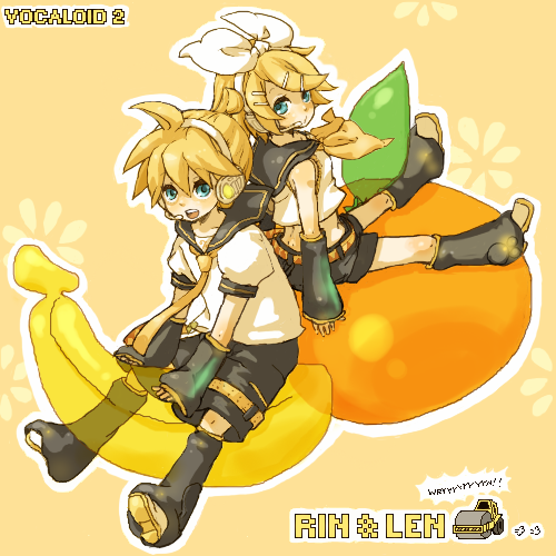 1boy 1girl banana belt blonde_hair blue_eyes character_name copyright_name crop_top detached_sleeves food fruit full_body hair_ornament hairclip headphones headset kagamine_len kagamine_rin leg_warmers looking_back lowres midriff neckerchief necktie open_mouth orange_(fruit) ponytail sailor_collar shirt short_hair short_sleeves shorts sitting sleeveless sleeveless_shirt smile steamroller vocaloid wryyyyyyyyyyyyyyyyyyyy yellow_background yukke