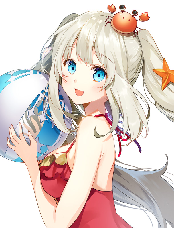 1girl ball beachball blue_eyes blush breasts crab crab_on_head fate/grand_order fate_(series) female_focus grey_hair hair_ornament holding holding_ball large_breasts long_hair looking_at_viewer marie_antoinette_(fate) marie_antoinette_(swimsuit_caster)_(fate) marie_antoinette_(swimsuit_caster)_(first_ascension)_(fate) parted_lips sideboob smile solo starfish starfish_hair_ornament twintails yuzuki_kihiro