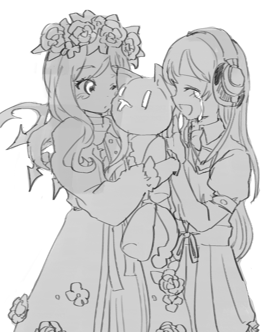2girls atarashi_coco blush blush_stickers collared_shirt crying dress eyebrows_hidden_by_hair flower_wreath happy_tears headphones holding holding_stuffed_toy long_dress long_hair matsunae_tsugumi multiple_girls nyantan school_uniform shin_subarashiki_kono_sekai shirt spiked_wings stuffed_animal stuffed_cat stuffed_toy subarashiki_kono_sekai tears