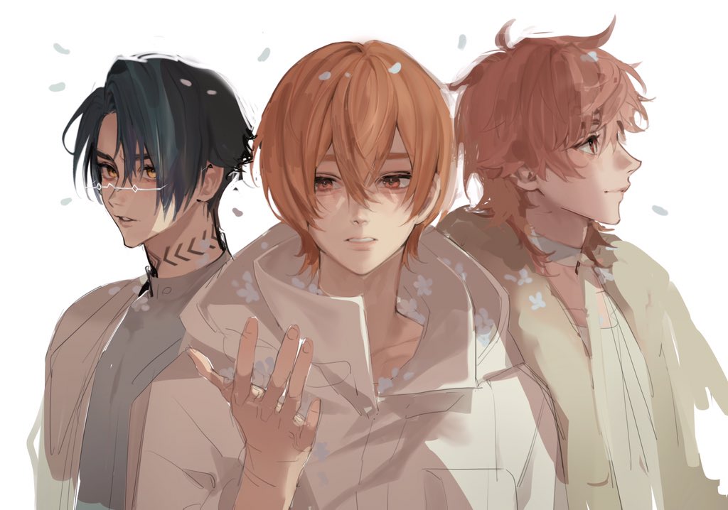 1nm8_(paradox_live) 3boys black_hair glasses grey_hair grey_shirt itsuki_(paradox_live) jacket male_focus miyama_kei multicolored_hair multiple_boys neck_tattoo orange_eyes orange_hair paradox_live pink_hair red_eyes rokuta_(paradox_live) shirt short_hair tattoo white_jacket yellow_eyes yoonmiumi