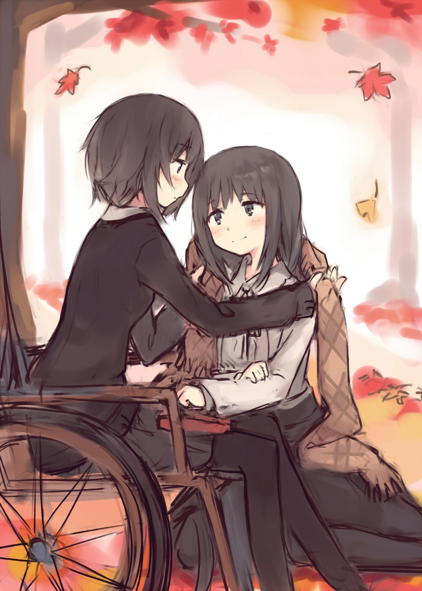 2girls adjusting_another&#039;s_clothes adjusting_scarf autumn autumn_leaves blush commentary_request flowers_(innocent_grey) from_side highres kyuri leaf light_smile multiple_girls pantyhose plaid_clothes plaid_scarf profile scarf short_hair sitting sketch takasaki_chidori tree wheelchair yaegaki_erika yuri