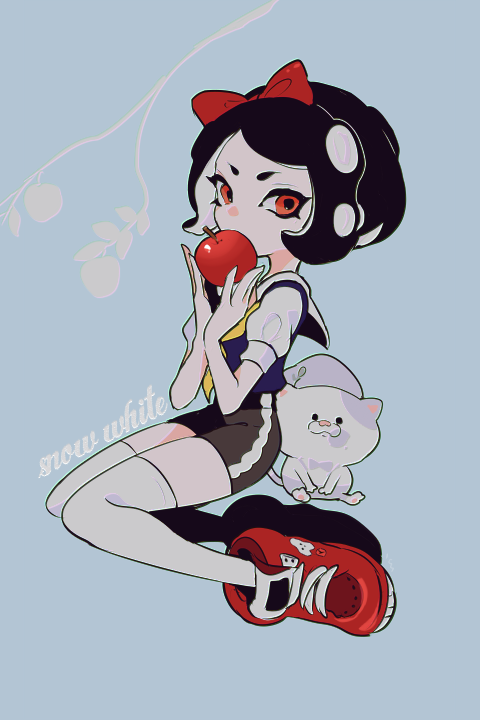 1girl apple black_hair black_skirt blue_background blue_shirt bow commentary cosplay covering_own_mouth food fruit full_body hair_bow high-waist_skirt high_tops holding holding_food holding_fruit imaikuy0 li&#039;l_judd_(splatoon) looking_at_viewer neckerchief nintendo octoling octoling_girl octoling_player_character pencil_skirt puffy_short_sleeves puffy_sleeves red_bow red_eyes red_shoes shirt shoes short_hair short_sleeves skirt sneakers snow_white snow_white_(disney) snow_white_(disney)_(cosplay) solo splatoon_(series) swept_bangs tentacle_hair thighhighs white_sleeves white_thighhighs yellow_neckerchief