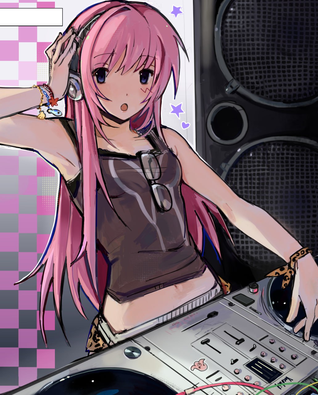 1girl :o animal_print blue_eyes blush bracelet breasts collarbone glasses grey_tank_top hand_on_headphones headphones heart highres jewelry leopard_print long_hair looking_at_viewer megurine_luka midriff_peek navel open_mouth phonograph pink_hair small_breasts solo speaker star_(symbol) surprised tank_top turntable very_long_hair vocaloid zalupk228