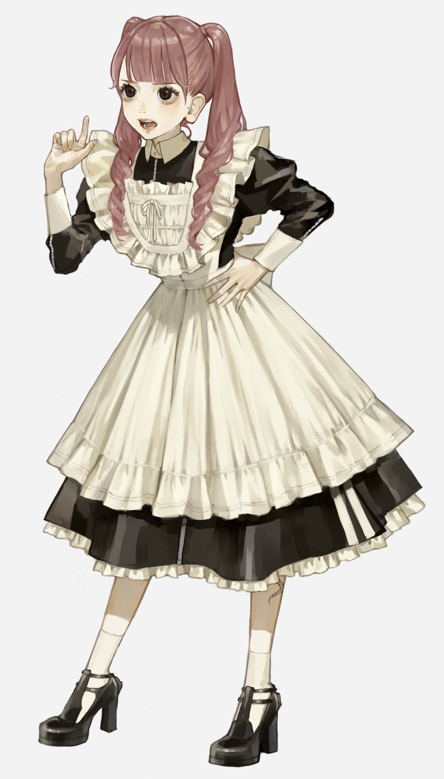 1girl ankle_socks apron black_dress black_eyes black_footwear blunt_bangs brown_hair collared_dress commentary dress frilled_dress frills full_body hair_over_shoulder hand_on_own_hip hand_up high_heels highres leaning_forward leg_tattoo long_hair long_sleeves looking_afar maid maid_apron open_mouth original pointing pointing_up puffy_long_sleeves puffy_sleeves sakauchi_waka simple_background sleeve_cuffs socks solo standing tachi-e tattoo teeth twintails white_apron white_background white_socks
