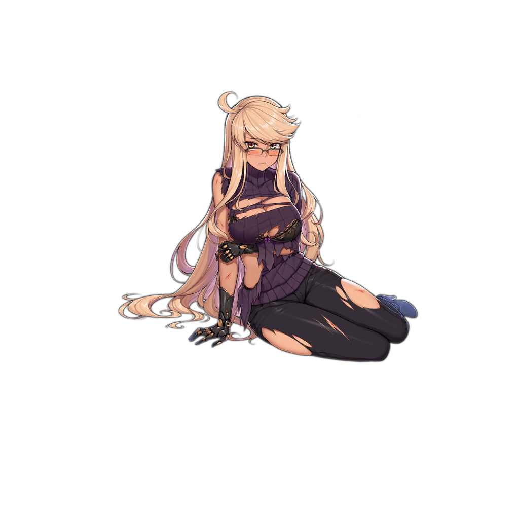 1girl ahoge alma_armas arm_under_breasts bad_tag black-framed_eyewear black_boots black_bra black_gloves black_pants blonde_hair blush boots bra breasts brown_eyes crossed_legs crossover damaged dark-skinned_female dark_skin female_focus full_body girls&#039;_frontline glasses gloves hand_up high_heel_boots high_heels impossible_clothes impossible_sweater lace lace-trimmed_bra lace_trim large_breasts long_hair long_sleeves looking_at_viewer luggage mechanical_hands official_art on_floor over-rim_eyewear pants purple_sweater ribbed_sweater semi-rimless_eyewear sidelocks sitting smile solo sweater terras torn_clothes transparent_background turtleneck underwear va-11_hall-a wavy_hair yokozuwari