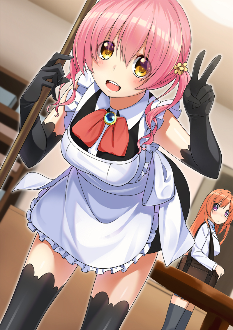 2girls :d apron bag black_dress black_gloves black_thighhighs breasts cowboy_shot dress dutch_angle elbow_gloves flower frilled_apron frills gloves hair_between_eyes hair_flower hair_ornament hand_up handbag holding indoors leaning_forward light_blush long_hair looking_at_another looking_at_viewer maid medium_breasts multiple_girls open_mouth orange_hair original pink_hair purple_eyes round_table saradabul_komaki short_dress short_twintails sleeveless sleeveless_dress smile solo_focus standing table teeth thighhighs twintails upper_teeth_only v wavy_hair white_apron yellow_eyes
