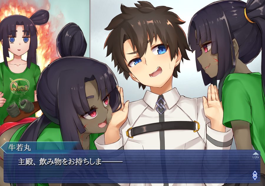 3girls :d ass bad_id bad_pixiv_id black_hair blue_eyes brown_hair cup dark-skinned_female dark_persona dark_skin fate/grand_order fate_(series) fujimaru_ritsuka_(male) multiple_girls open_mouth panties pinta_(ayashii_bochi) purple_eyes red_panties shirt side_ponytail smile sweatdrop t-shirt teacup teeth underwear ushiwakamaru_(corrupted)_(fate) ushiwakamaru_(fate) visual_novel