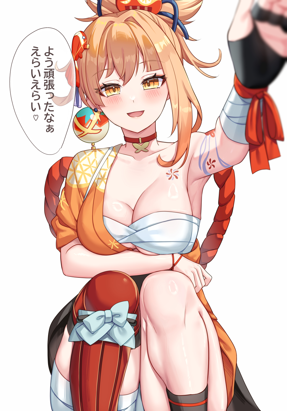 1girl arm_tattoo asymmetrical_legwear bandaged_arm bandaged_leg bandages black_gloves blonde_hair blush breasts butterfly_choker chest_sarashi chest_tattoo choker collarbone commentary_request feet_out_of_frame fingerless_gloves flower_tattoo genshin_impact gloves hadanugi_dousa hair_ornament highres japanese_clothes kimono knees large_breasts long_hair mikoto_(0709mikoto) open_clothes open_kimono open_mouth orange_kimono pov red_choker rope sarashi shimenawa simple_background single_glove single_shin_guard solo tattoo translation_request white_background yellow_eyes yoimiya_(genshin_impact)