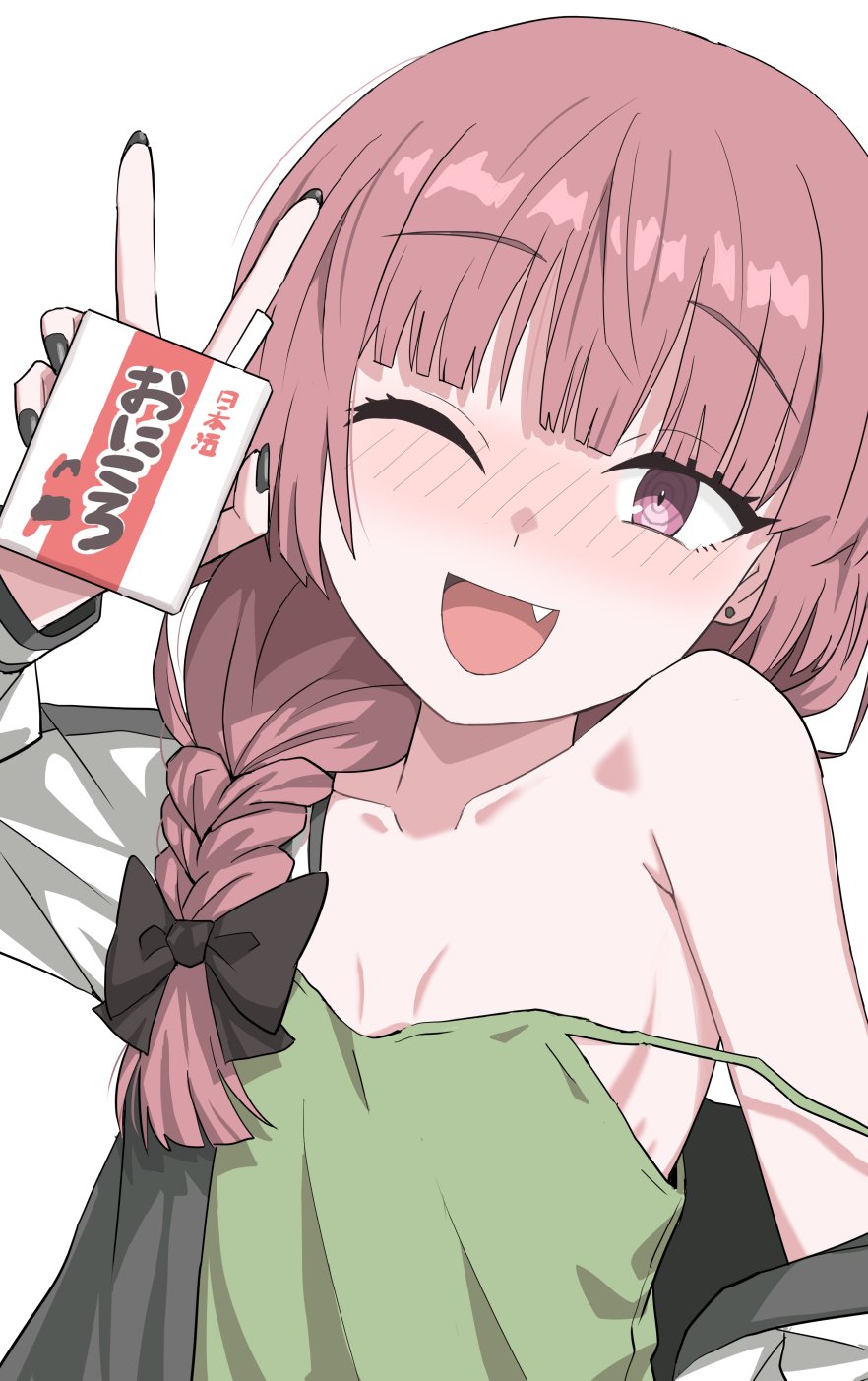 1girl ;d alcohol_carton black_bow black_nails blunt_bangs blush bocchi_the_rock! bow braid braided_ponytail breasts collarbone dress drunk fang green_dress hair_bow hair_over_shoulder halulu highres hiroi_kikuri holding_carton jacket long_hair multicolored_jacket nail_polish no_bra one_eye_closed open_clothes open_jacket open_mouth purple_eyes red_hair ribs ringed_eyes simple_background single_braid sleeveless sleeveless_dress small_breasts smile solo two-tone_jacket upper_body v white_background