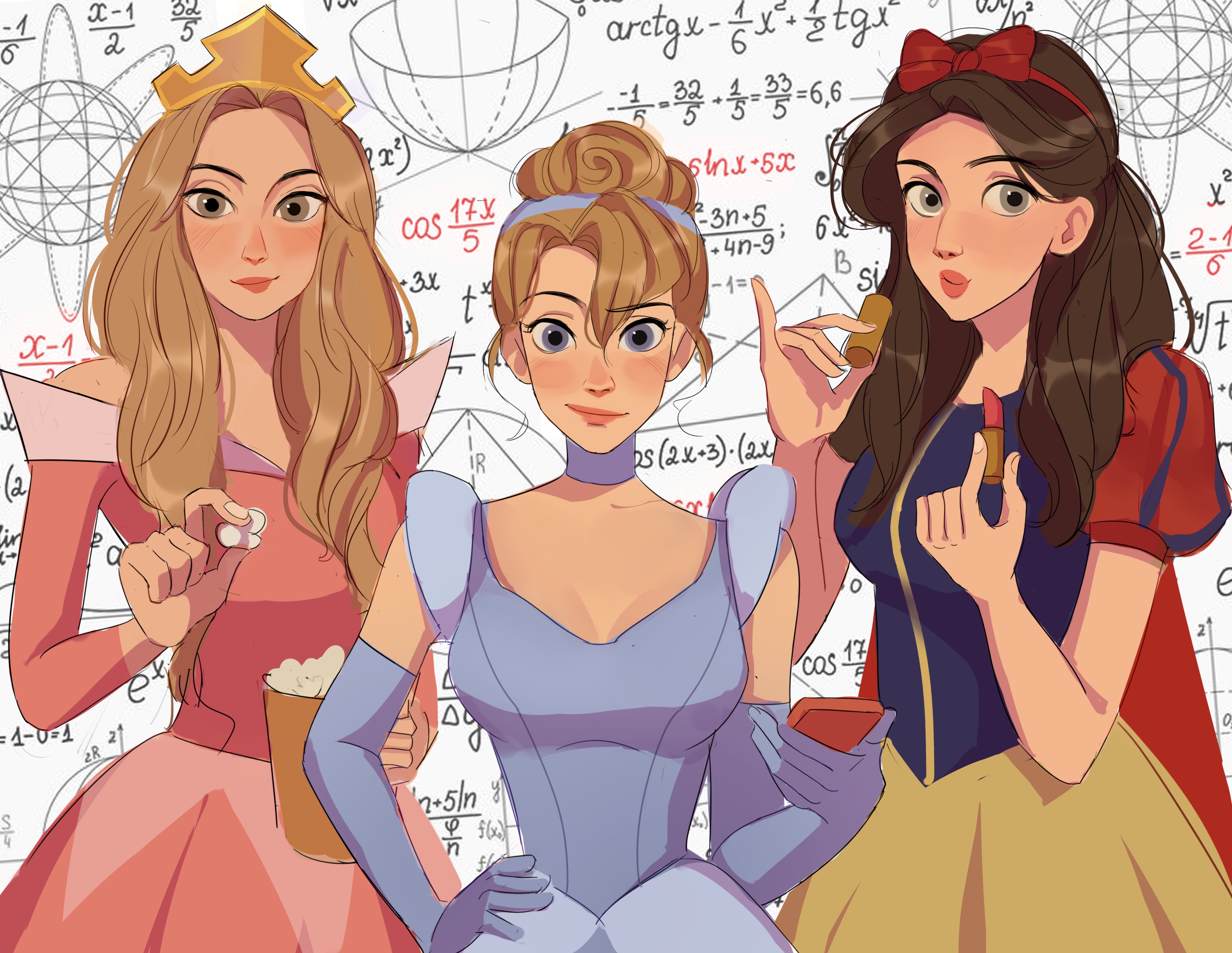 3girls absurdres amy_fowler bernadette_rostenkowski-wolowitz blonde_hair blue_dress blue_eyes blush brown_hair cape choker cinderella cinderella_(disney) cinderella_(disney)_(cosplay) commentary cosmetics cosplay crown dress elbow_gloves food gloves green_eyes hair_bun highres holding holding_food holding_lipstick_tube holding_phone lipstick_tube long_hair looking_at_viewer math multiple_girls penny_(the_big_bang_theory) phone popcorn puffy_short_sleeves puffy_sleeves shmalloe short_sleeves sleeping_beauty sleeping_beauty_(character) sleeping_beauty_(character)_(cosplay) smile snow_white_(disney) snow_white_(disney)_(cosplay) snow_white_and_the_seven_dwarfs the_big_bang_theory