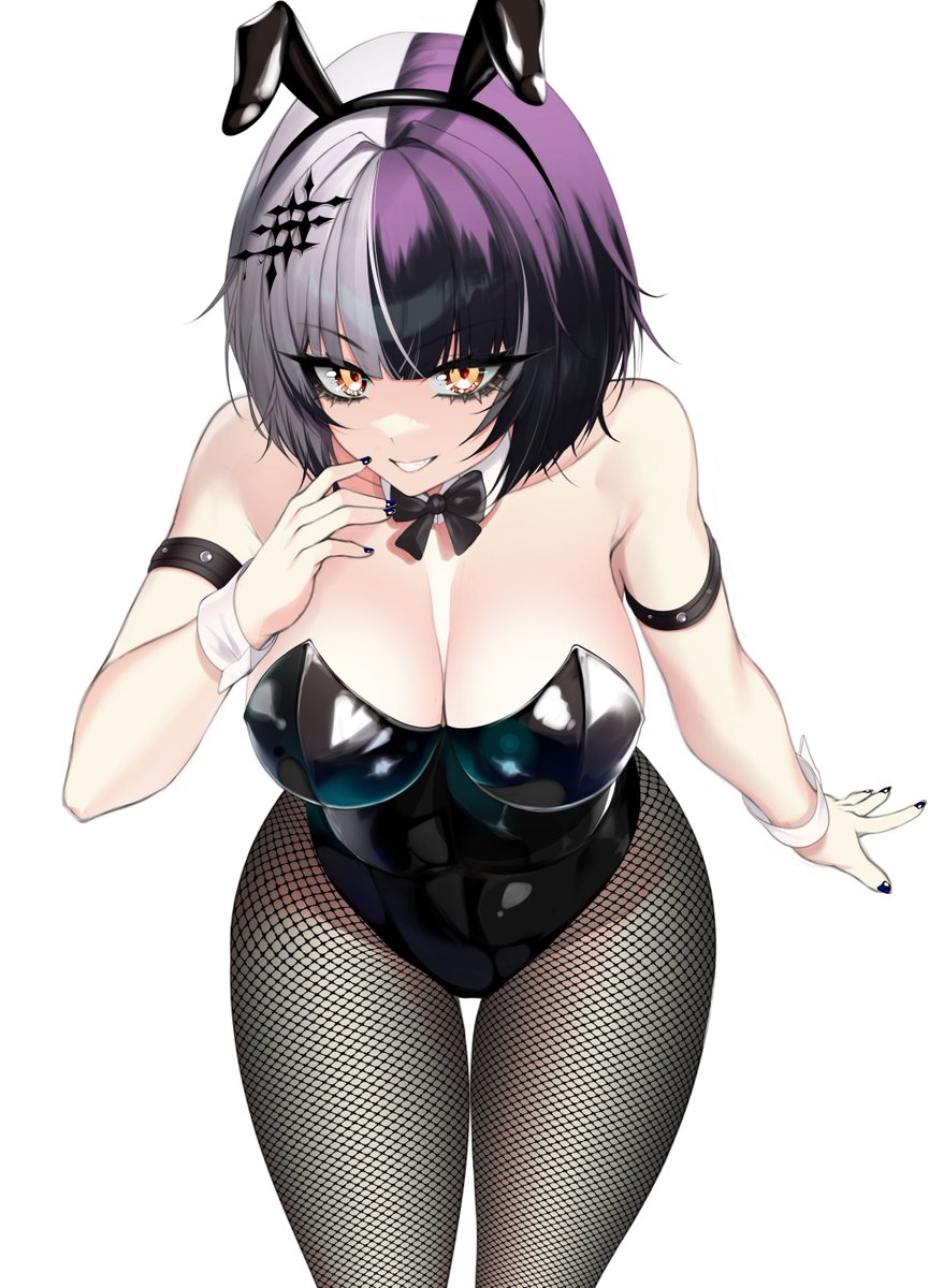 1girl alternate_costume animal_ears arm_strap black_hair black_leotard breasts commentary english_commentary fake_animal_ears fishnet_pantyhose fishnets grey_hair grin highleg highleg_leotard highres hololive hololive_english large_breasts leotard looking_at_viewer multicolored_hair pantyhose playboy_bunny porougon rabbit_ears shiori_novella simple_background smile solo split-color_hair strapless strapless_leotard teeth two-tone_hair virtual_youtuber white_background wrist_cuffs yellow_eyes