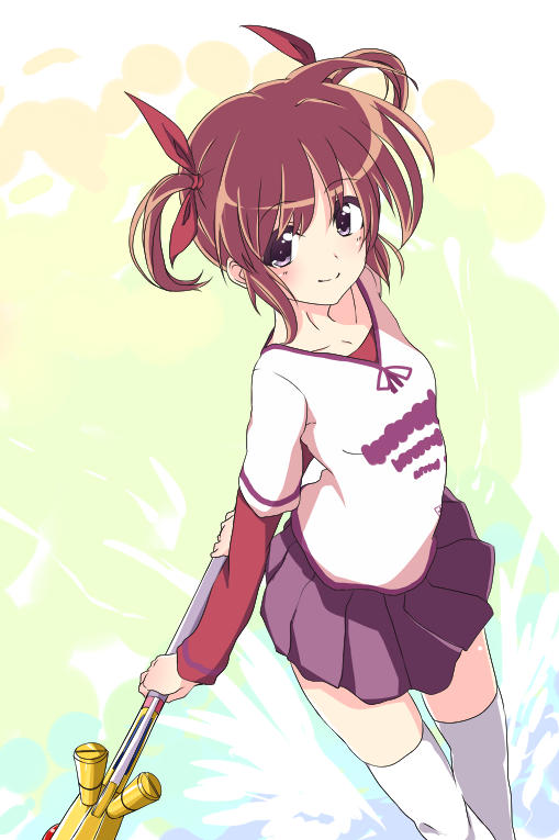 00s 1girl arms_behind_back blue_eyes blush brown_hair female_focus lyrical_nanoha mahou_shoujo_lyrical_nanoha ohayohayo raising_heart raising_heart_(device_mode)_(1st) short_hair smile solo takamachi_nanoha twintails