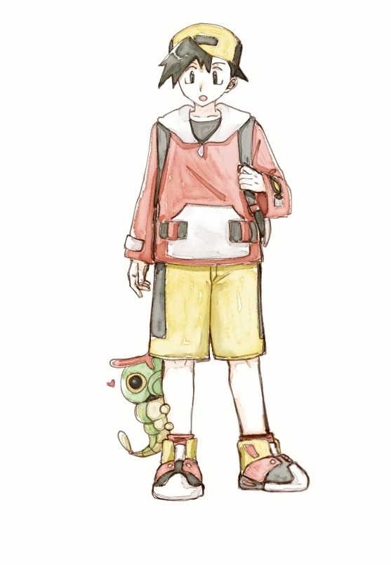 1boy :o asuka_rkgk backwards_hat black_hair caterpie collarbone commentary ethan_(pokemon) gen_1_pokemon hat heart jacket long_sleeves looking_down male_focus nintendo open_mouth pokegear pokemon pokemon_(creature) pokemon_gsc pokemon_on_leg shoes short_hair shorts simple_background standing symbol-only_commentary white_background yellow_shorts