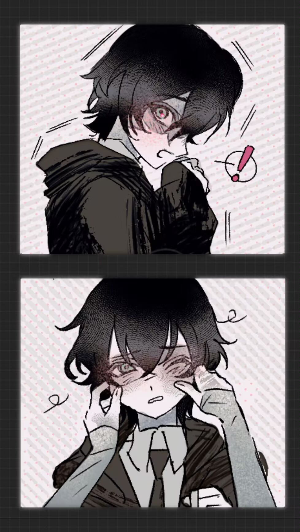 ! 1boy 1other black_border black_hair black_hoodie black_necktie blush border cheek_pull collared_shirt degrees_of_lewdity freesia_quan green_eyes grey_background grey_shirt highres hood hood_down hoodie kylar_(degrees_of_lewdity) kylar_(male)_(degrees_of_lewdity) long_sleeves looking_at_viewer necktie one_eye_closed player_character_(degrees_of_lewdity) shirt short_hair spoken_exclamation_mark