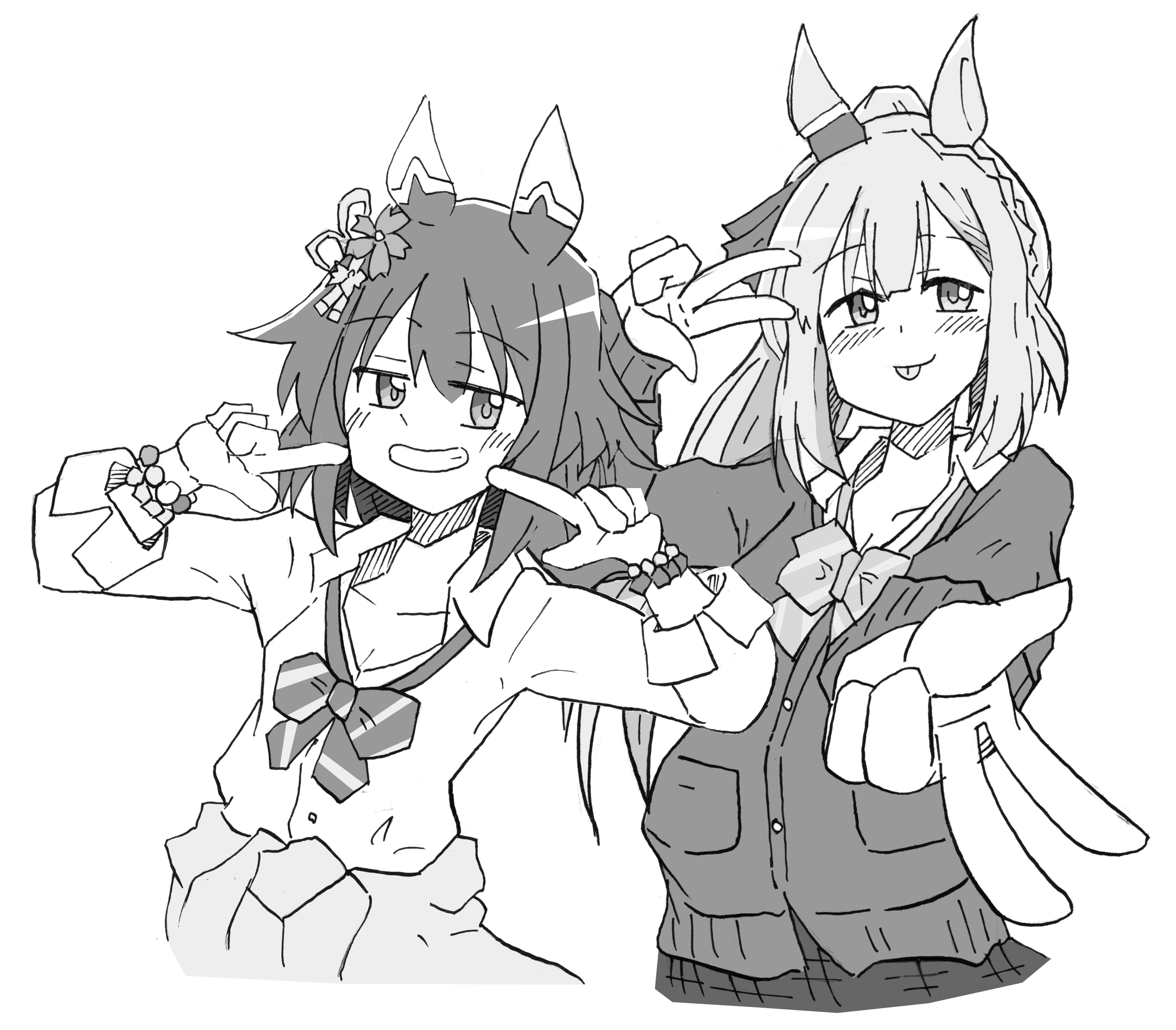 2girls alternate_costume alternate_hairstyle animal_ears blush braid breasts cleavage closed_mouth collarbone double_v flower greyscale grin gyaru hair_between_eyes hair_flaps hair_flower hair_ornament highres horse_ears horse_girl large_breasts long_hair looking_at_viewer mejiro_ardan_(umamusume) monochrome multiple_girls pointing pointing_at_viewer ponytail ribbon sakura_chiyono_o_(umamusume) school_uniform shikararemimi simple_background small_breasts smile solo umamusume v white_background