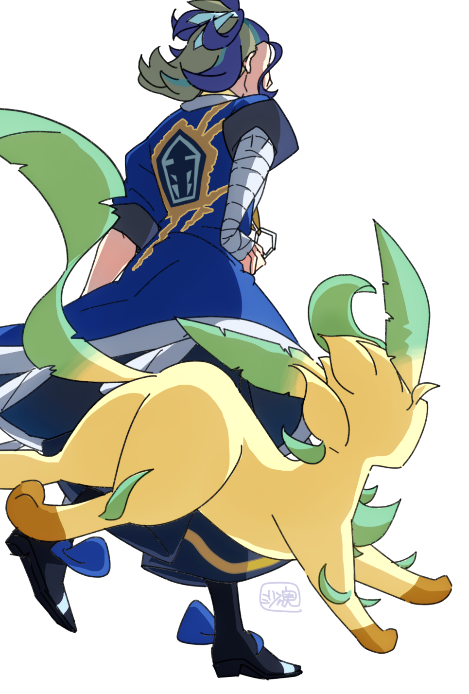 1boy adaman_(pokemon) arm_wrap black_pants black_shoes blue_coat blue_hair coat commentary_request from_below gen_4_pokemon hand_on_own_hip highres leafeon loose_hair_strand male_focus multicolored_hair nintendo pants pokemon pokemon_(creature) pokemon_legends:_arceus print_coat sasami_642 shoes standing walking