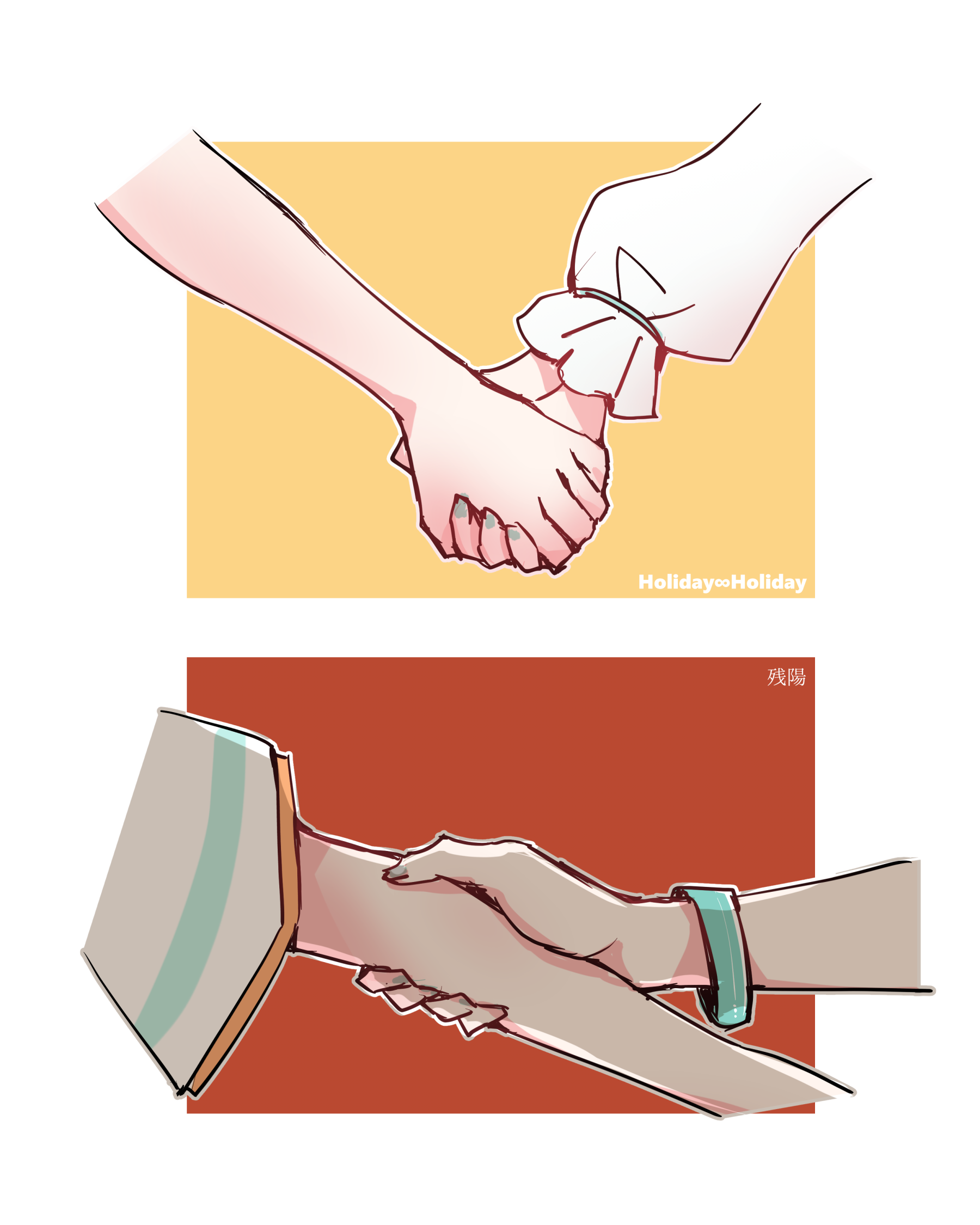 1st_live_tour_~run!_can!_fun!~ 2girls arm_focus blue_nails bracelet commentary_request comparison genyo_yako grabbing_another's_arm hand_focus highres hinoshita_kaho holiday_holiday_(love_live!) jewelry kanduki_kamibukuro link!_like!_love_live! long_sleeves love_live! multiple_girls official_alternate_costume otomune_kozue puffy_long_sleeves puffy_sleeves short_sleeves song_name virtual_youtuber zanyo_(love_live!)