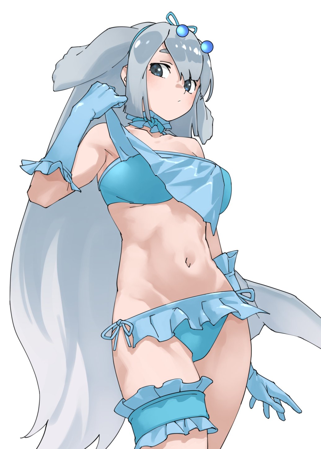 1girl bare_shoulders breasts choker dugong_(kemono_friends) elbow_gloves fins frills gloves grey_eyes grey_hair hair_ornament head_fins highres kemono_friends long_hair looking_at_viewer navel simple_background solo strapless swimsuit tail tanabe_(fueisei) tube_top