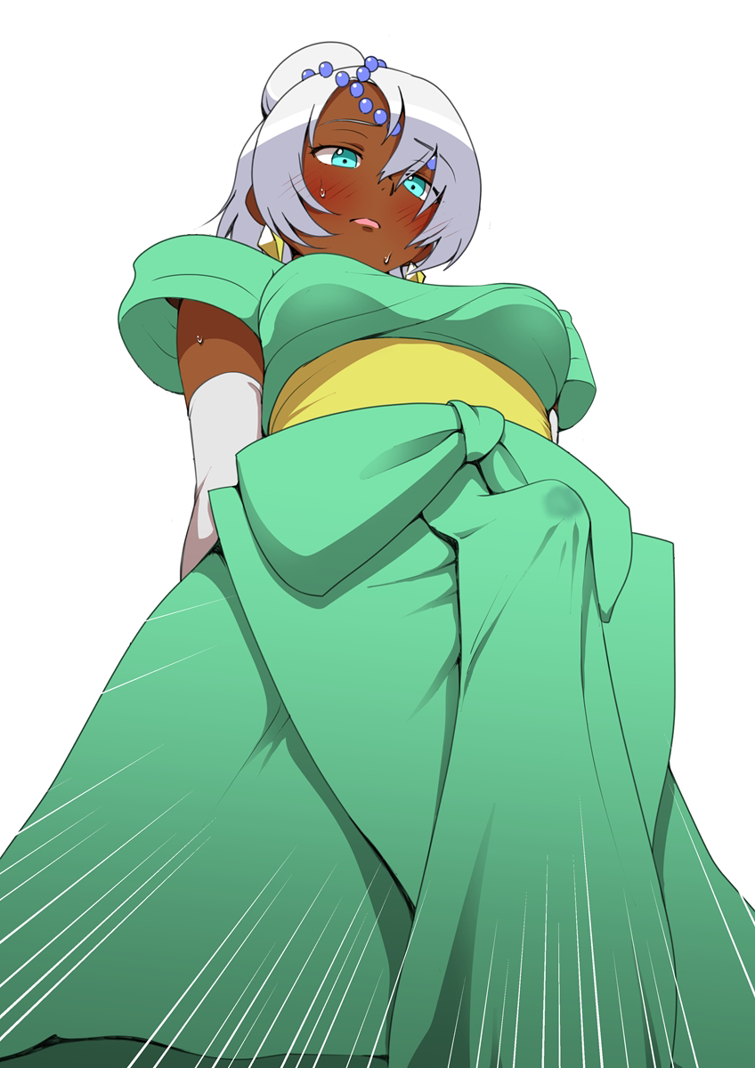 blue_eyes blush crossdressing dark_skin dress elbow_gloves erection gloves gundam hair_bun highres laura_rolla long_hair loran_cehack precum silver_hair single_hair_bun trap turn_a_gundam