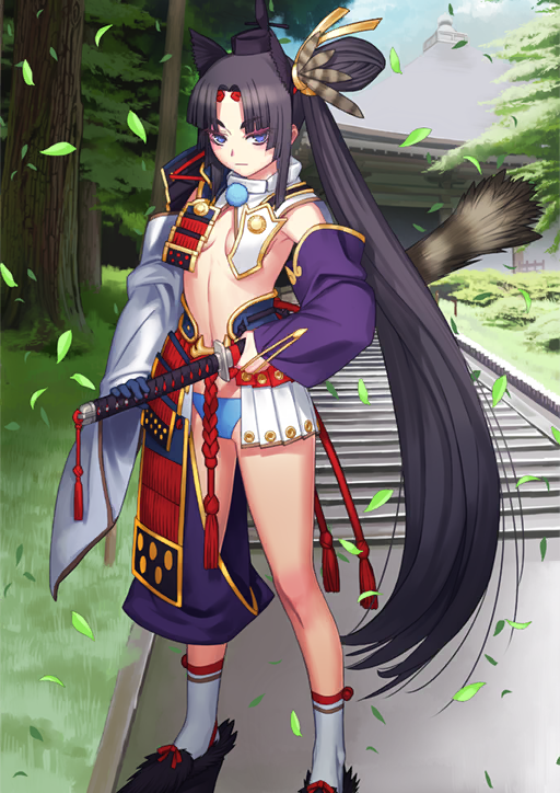 1girl architecture armor asymmetrical_clothes asymmetrical_sleeves black_hat black_shoes blue_gloves blue_panties breast_curtains breasts circlet closed_mouth clothing_cutout curtained_hair detached_sleeves east_asian_architecture eyeshadow fate/grand_order fate_(series) feather_hair_ornament feathers feet_out_of_frame gloves hair_ornament hand_on_hilt hand_on_sheath hat high_side_ponytail japanese_armor katana kusazuri leaf legs_apart linea_alba long_hair long_sleeves looking_at_viewer makeup mismatched_sleeves no_shirt official_art outdoors panties pants pom_pom_(clothes) purple_pants purple_sleeves red_eyeshadow sakamoto_mineji sheath sheathed shoes sideboob sidelocks single_glove single_pantsleg socks solo standing sword tassel tate_eboshi thigh_cutout third-party_source tree underwear ushiwakamaru_(fate) very_long_hair weapon white_sleeves white_socks wide_sleeves wind