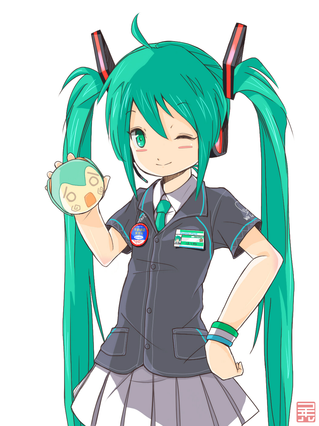 1girl ahoge bracelet clerk employee_uniform familymart female_focus green_eyes green_hair hand_on_own_hip hatsune_miku headset highres hip_focus jewelry kowiru long_hair matching_hair/eyes name_tag necktie one_eye_closed simple_background skirt smile solo twintails very_long_hair vocaloid white_background wink