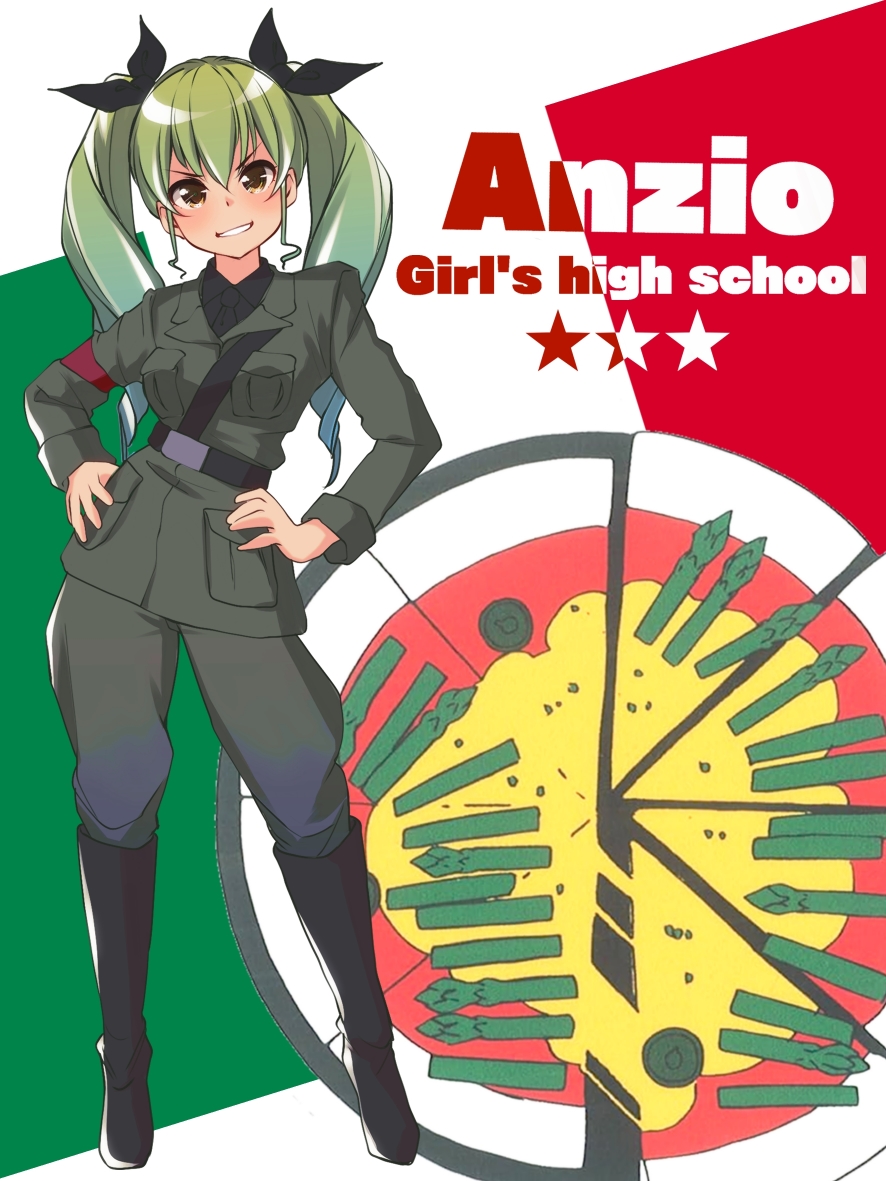 1girl anchovy_(girls_und_panzer) anzio_(emblem) anzio_military_uniform asparagus belt black_belt black_necktie black_ribbon black_shirt boots brown_eyes chuutaro_metal commentary contrapposto dress_shirt drill_hair emblem english_text flag_background food girls_und_panzer green_hair grey_jacket grey_pants grin hair_ribbon hands_on_own_hips italian_flag jacket knee_boots long_hair long_sleeves looking_at_viewer military_uniform necktie olive pants pizza ribbon sam_browne_belt shirt smile solo standing twin_drills twintails wing_collar