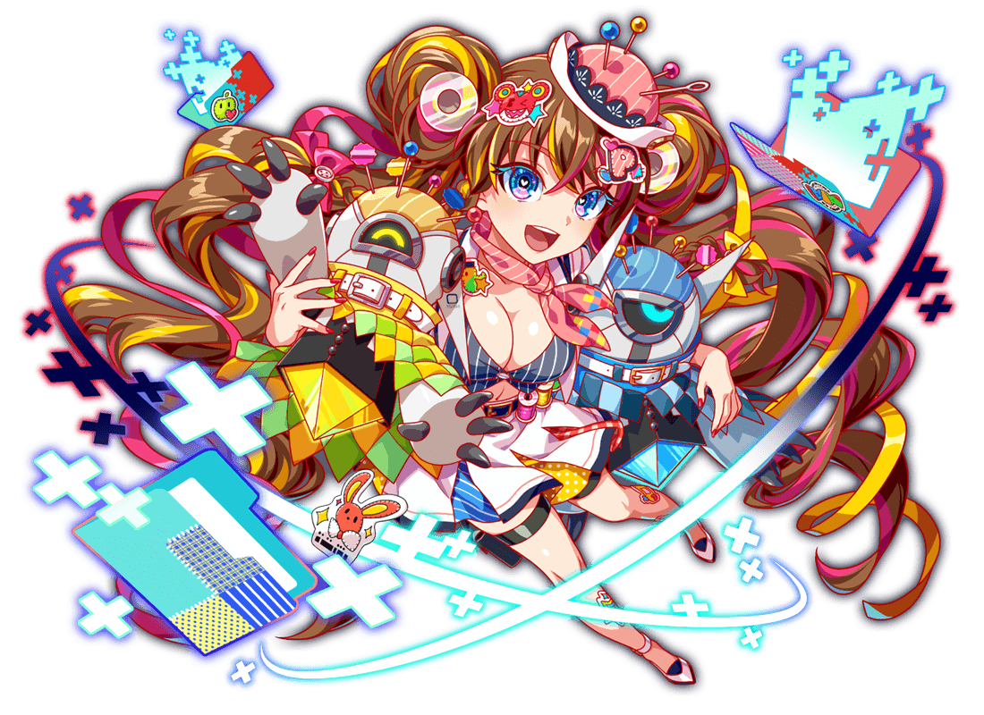 1girl 2others animal_sticker annoyed aqua_eyes arm_up artist_request belt belt_buckle belted_skirt bird_sticker black_belt black_pouch blonde_hair blue_eyes bow breasts buckle buttons candy_print candy_sticker cape cel_shading character_request character_sticker cleavage collar colored_eyelashes crash_fever diagonal-striped_clothes diagonal-striped_scarf diagonal-striped_skirt drill_hair eyelashes fingernails food_print fruit_(crash_fever) full_body game_cg gold_buckle hair_between_eyes hair_ornament hair_ribbon half_updo happy headwear_request heart heart_in_eye heart_print heart_sticker high_heels horizontal-striped_skirt jerry_(crash_fever) large_breasts leg_up light_brown_hair long_hair looking_at_viewer looking_to_the_side midriff multicolored_cape multicolored_hair multicolored_skirt multiple_others nail_polish navel no_shoes number_print numbered official_art one-eyed one_eye_closed open_mouth outline pin pink_bow pink_hair pink_ribbon pink_scarf pinstripe_pattern pinstripe_scarf pinstripe_shirt pleated_skirt plus_sign polka_dot polka_dot_skirt pouch rabbit_(crash_fever) rabbit_sticker red_nails red_outline ribbon robot scarf sewing_pin shirt skirt solo_focus square square_print star_(symbol) star_print star_sticker sticker_on_hair sticker_on_leg strappy_heels streaked_hair striped_clothes striped_shirt symbol_in_eye tachi-e teeth thigh_pouch thigh_strap third-party_source thread tied_shirt tongue transparent_background twin_drills upper_teeth_only vertical-striped_clothes vertical-striped_shirt very_long_hair white_belt white_collar white_footwear white_skirt yellow_bow yellow_ribbon
