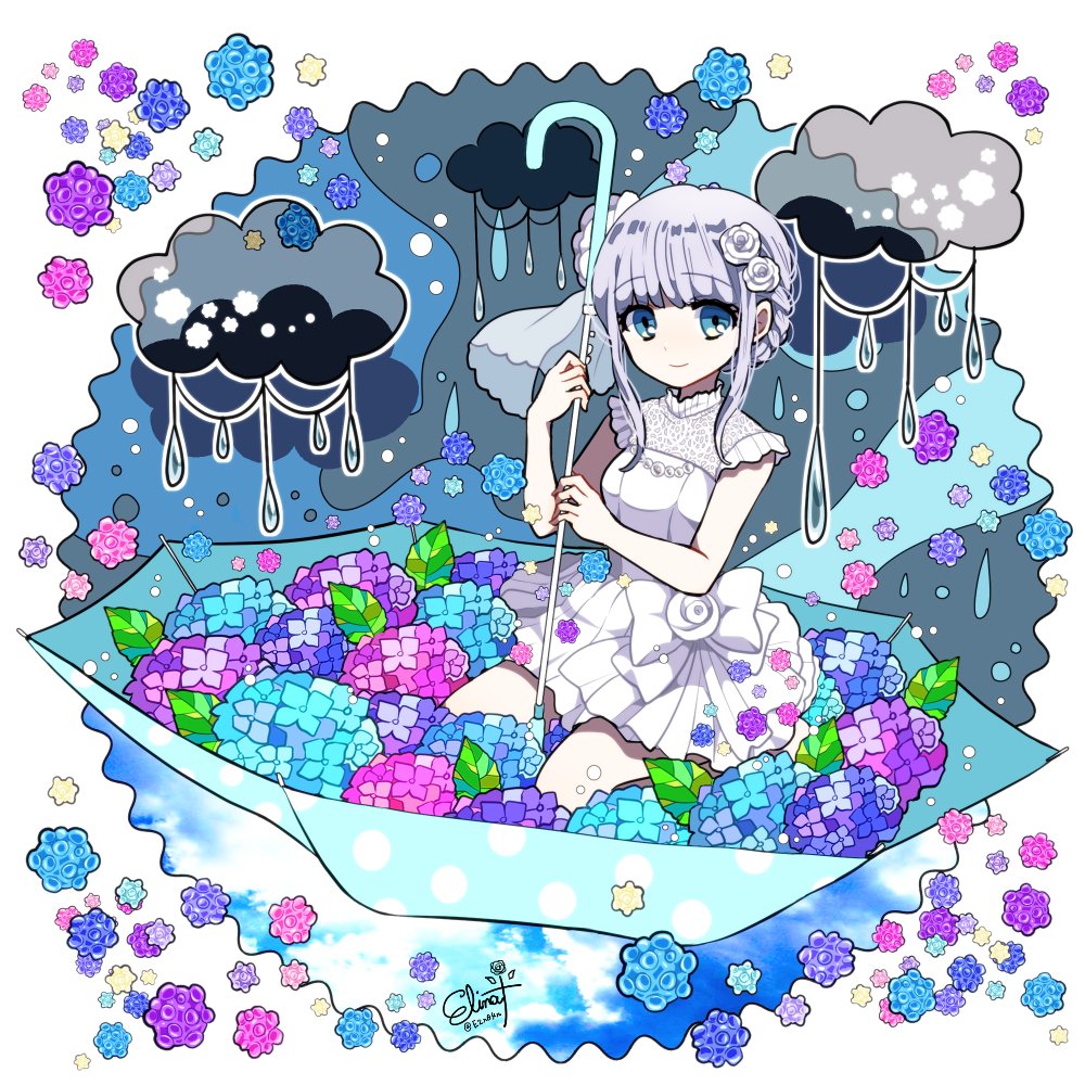 1girl blue_eyes dress elina_(e2n04n) flower frills grey_hair hair_flower hair_ornament hydrangea original sitting solo umbrella umbrella_flower white_dress