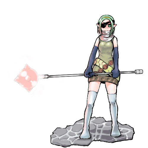 1girl 2000s_(style) armor asakawa_remon black_gloves blush boots breastplate breasts closed_mouth club_(weapon) cobblestone commentary_request elbow_gloves eyepatch full_body gloves green_eyes green_hair holding holding_club holding_weapon knight_(ragnarok_online) looking_at_viewer lowres medium_breasts pointy_ears ragnarok_online short_hair simple_background sleeveless smile solo standing thigh_boots weapon white_background white_boots