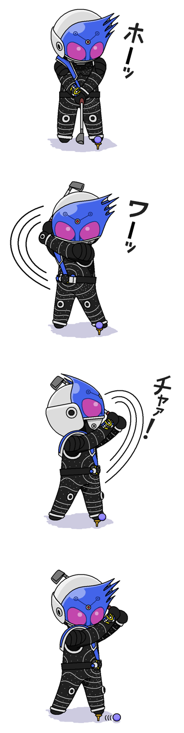 1boy ball belt golf golf_ball golf_club highres kamen_rider kamen_rider_fourze_(series) kamen_rider_meteor long_image male_focus mask redol solo tall_image